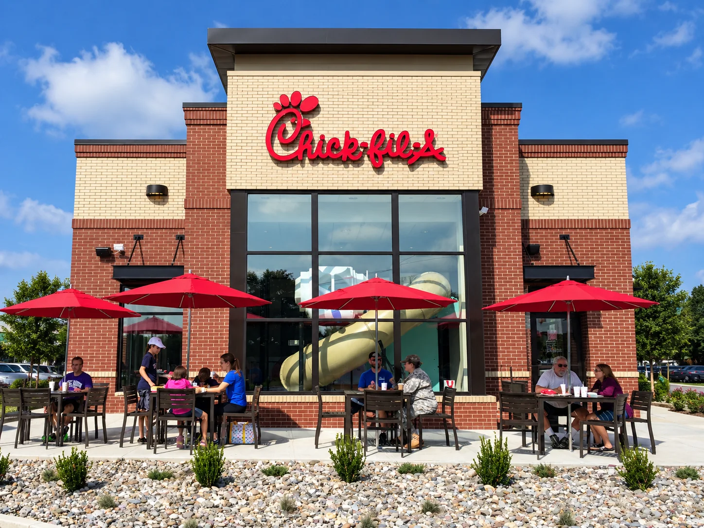 Restaurant storefront with outdoor patio and commercial walkways