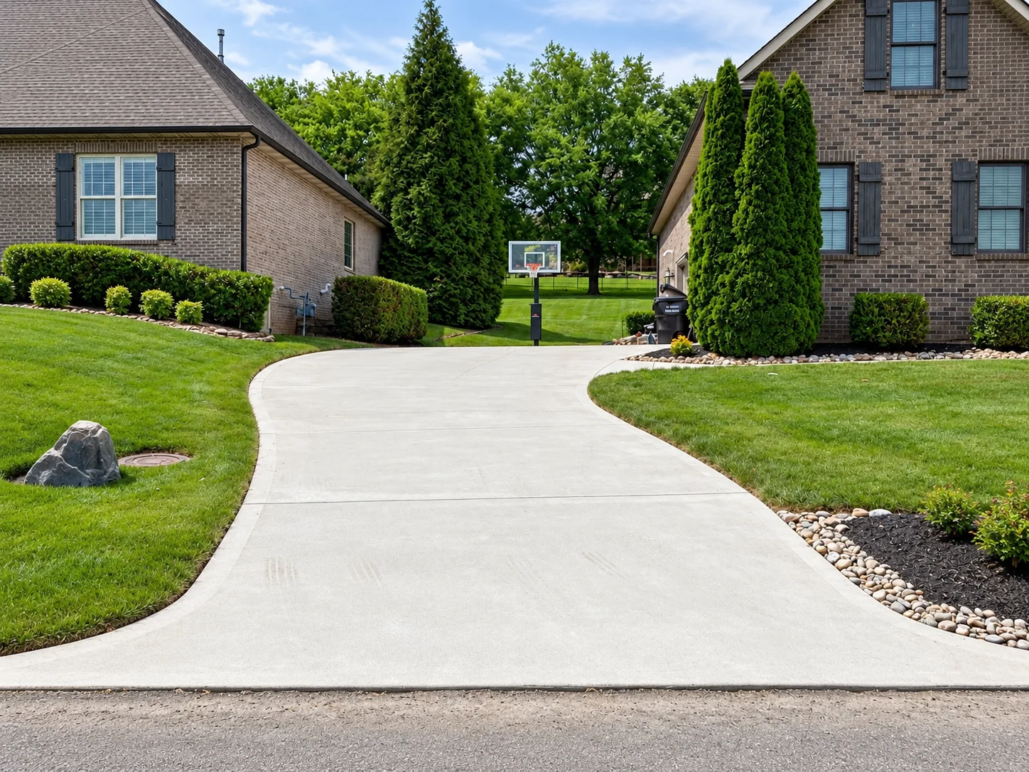 Clean curved concrete driveway between landscaped homes