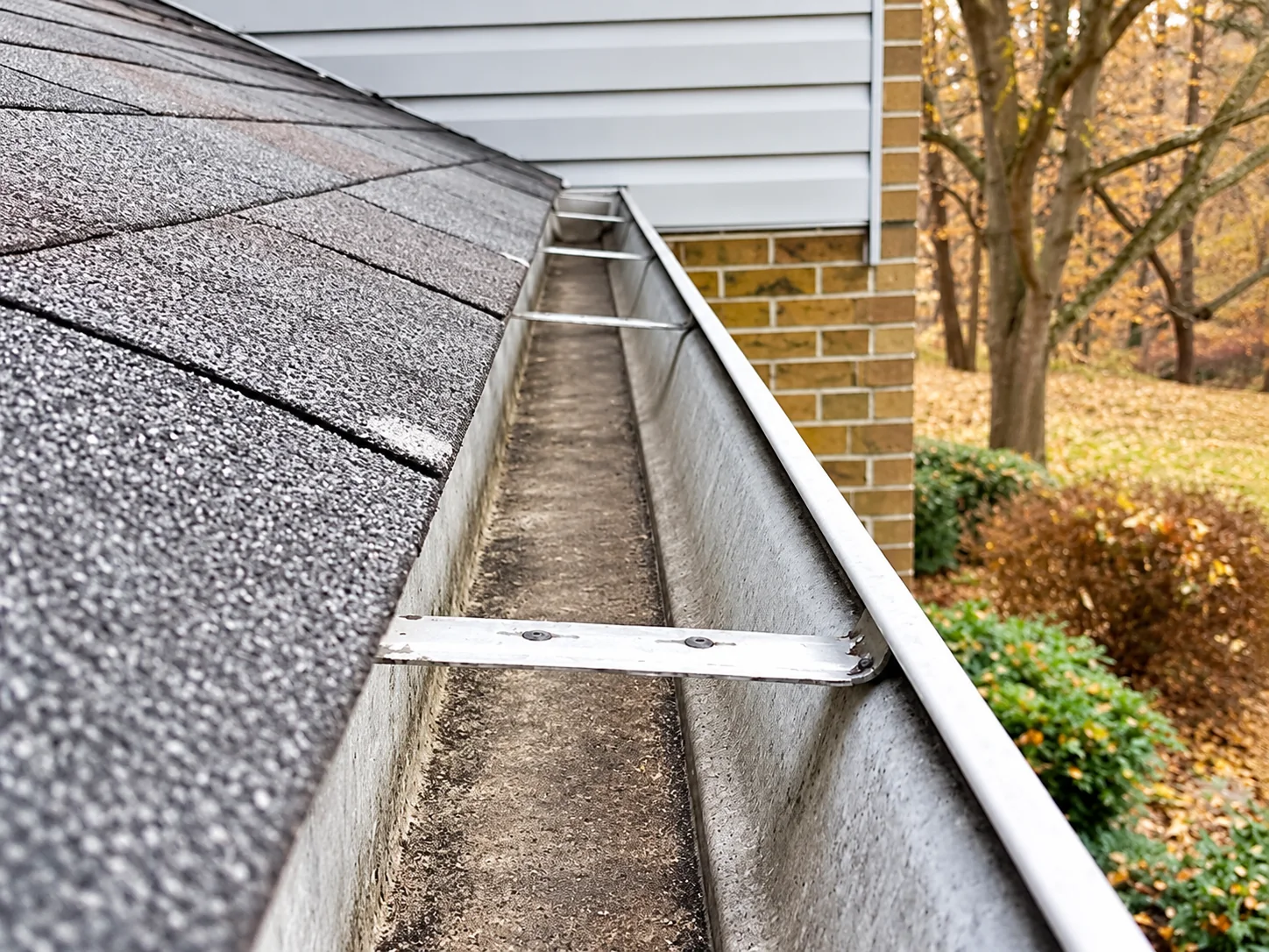Clean residential rain gutter with the gutter channel cleared of debris