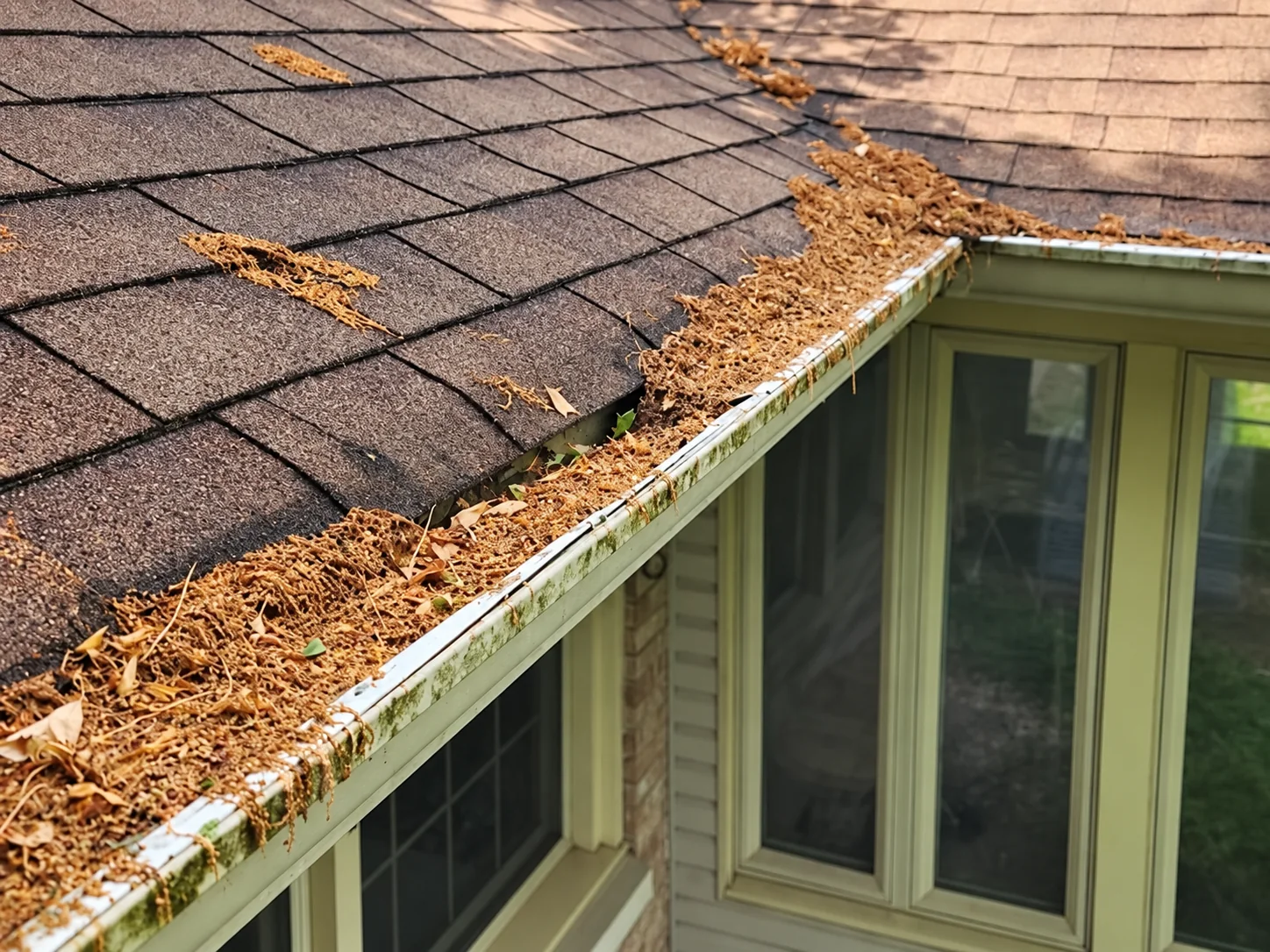 Residential rain gutter heavily clogged with leaves and organic debris