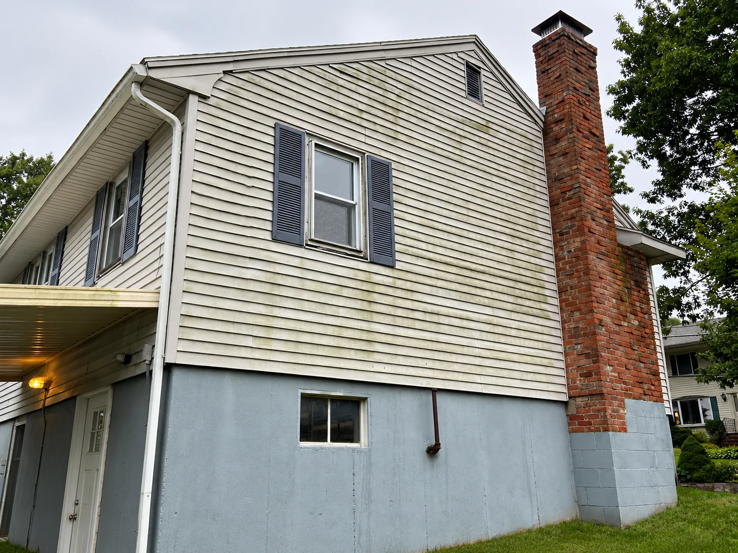 Algae and organic buildup on residential vinyl siding before house washing