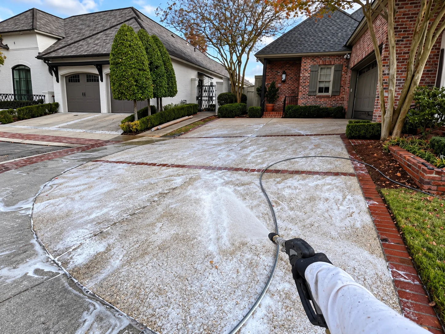 Pressure washing a residential driveway with cleaning solution applied to the concrete