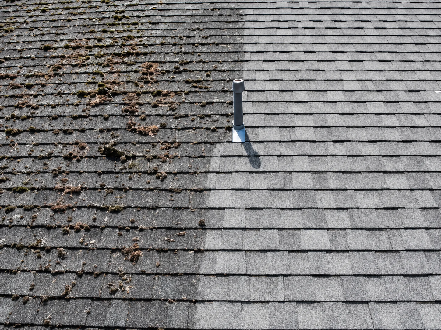 Asphalt roof showing heavy moss and organic buildup beside a much cleaner section